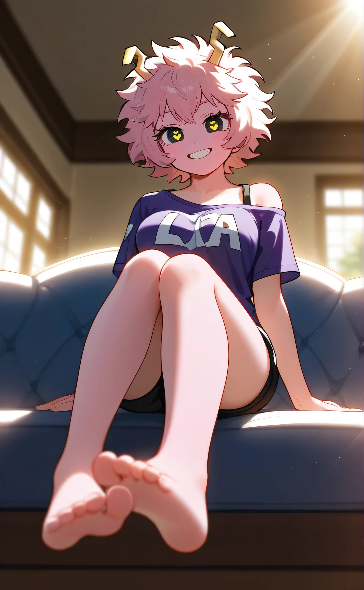 [mina ashido], [Boku no hero academia], ((masterpiece)), ((HD)), ((high res)), ((solo portrait)), ((full body)), ((front view)), ((low angle view)), ((feet visible)), ((anime)), ((detailed shading)), ((intricate details)), {(athletic figure), (pink skin), (cute black eyes), (yellow pupils), short eyelashes, (short curly hair), (medium breasts), (curvy hips), (beautiful toned legs), (beautiful feet), (blushing), (cute grin), (excited expression)}, {(purple off-shoulder tee shirt), (black lounge shorts)}, {(sitting on couch), (looking at viewer)}, [ambient lighting, living room, sun rays]