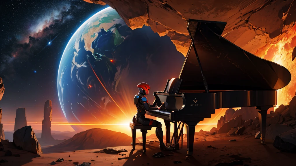 war robot with mirrored oculus, playing piano on mars, background earth being destroyed by a meteor
