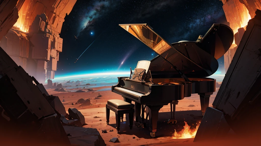 war robot with mirrored oculus, playing piano on mars, background earth being destroyed by a meteor