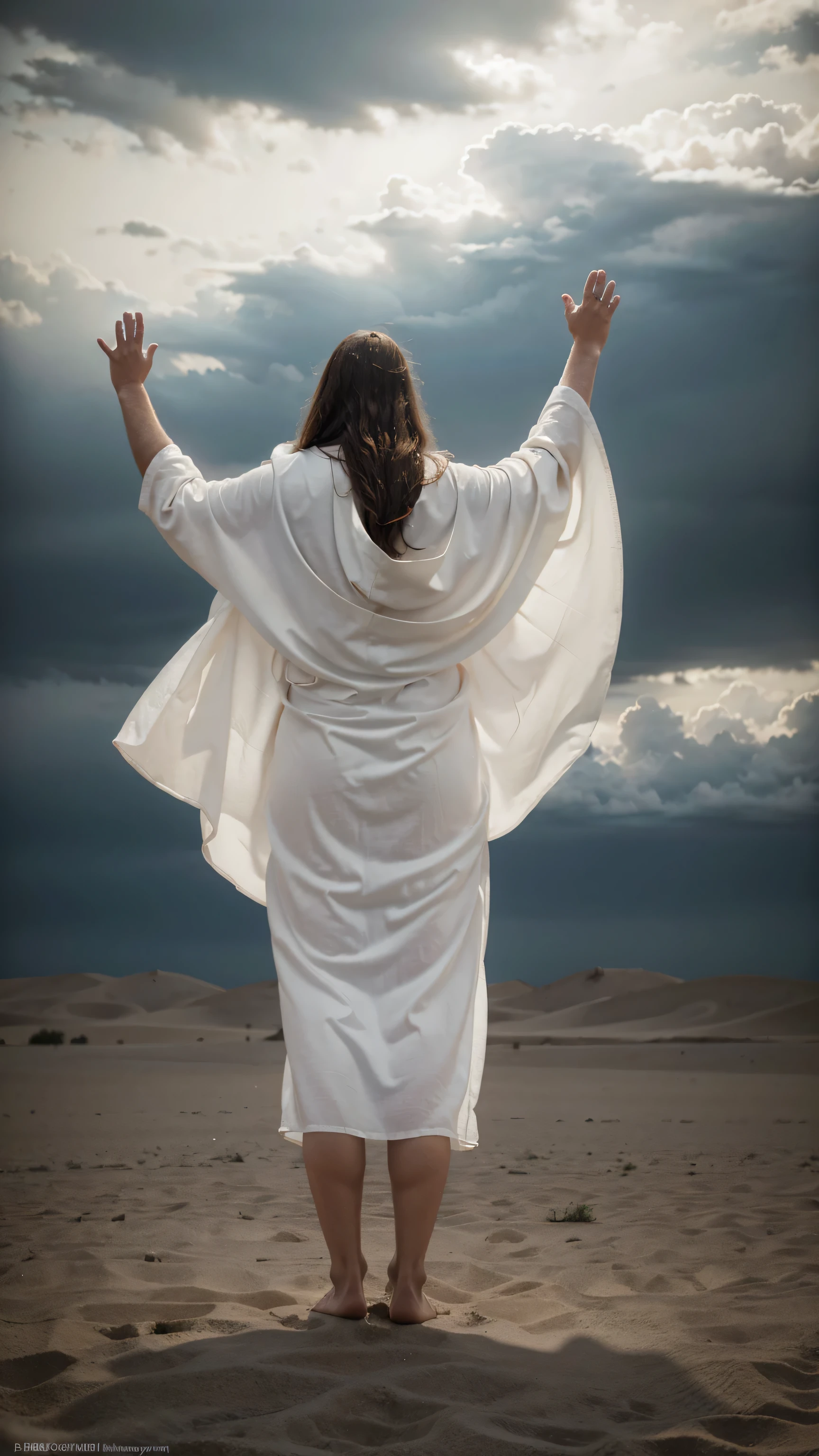A fat, white-robed Jesus stands in the open desert with both arms raised. The sky is covered with dark clouds. Full body view, back view, back body view, hyper-realistic photography, mild soft noise, realistic picture, cinematic style, realistic environment, low contrast, 32k resolution, highly detailed, realistic image.