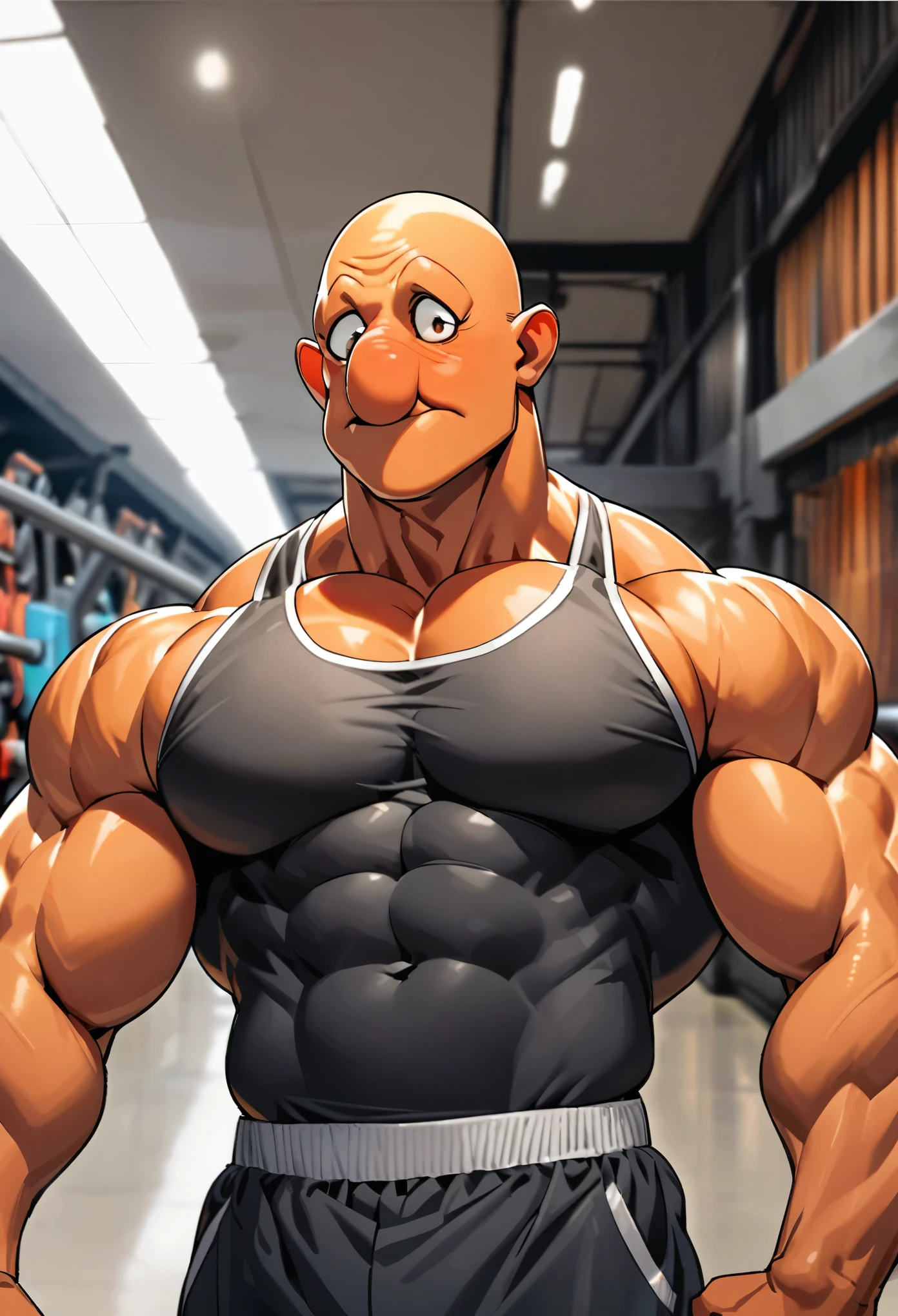 One Man,((Muscular man)),((A man with orange skin is posing)),(Skinhead man),bodybuilding:1.5,(Bulbous Nose),(Front view)