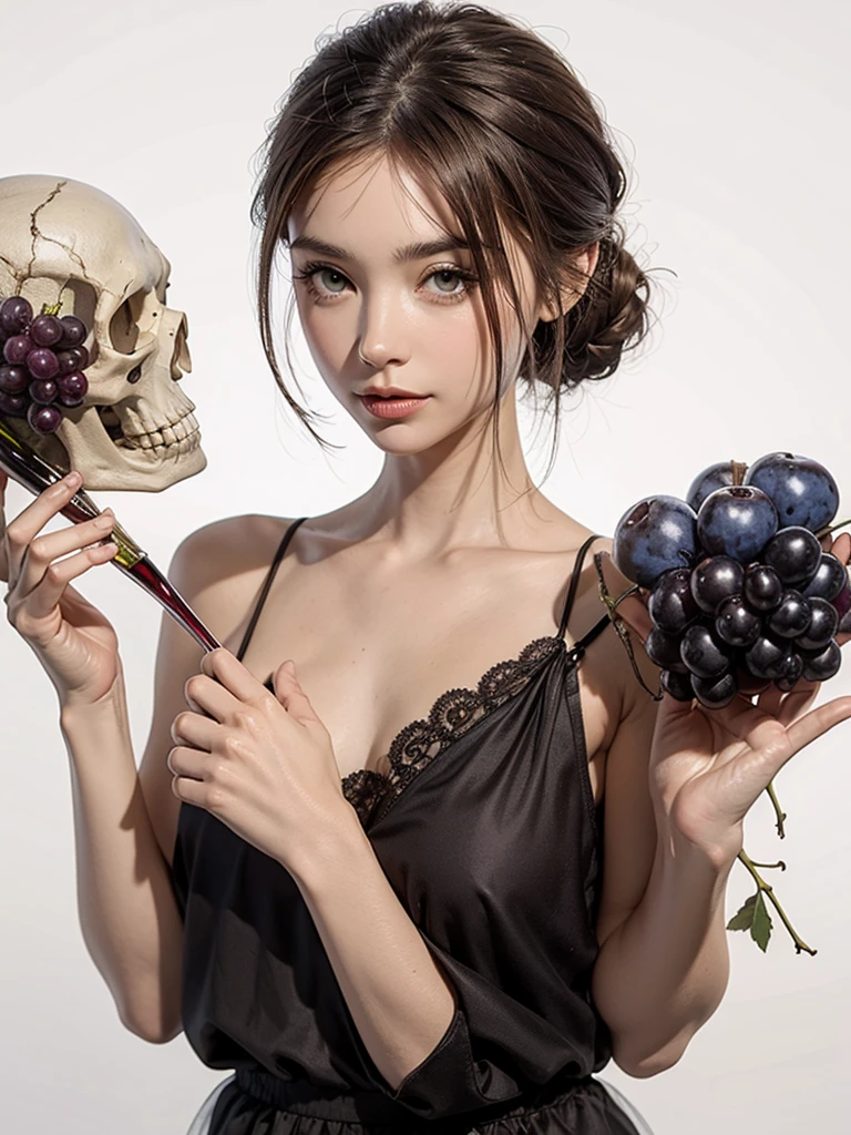 a skull in the middle of bunches of grapes next to a wine glass white background