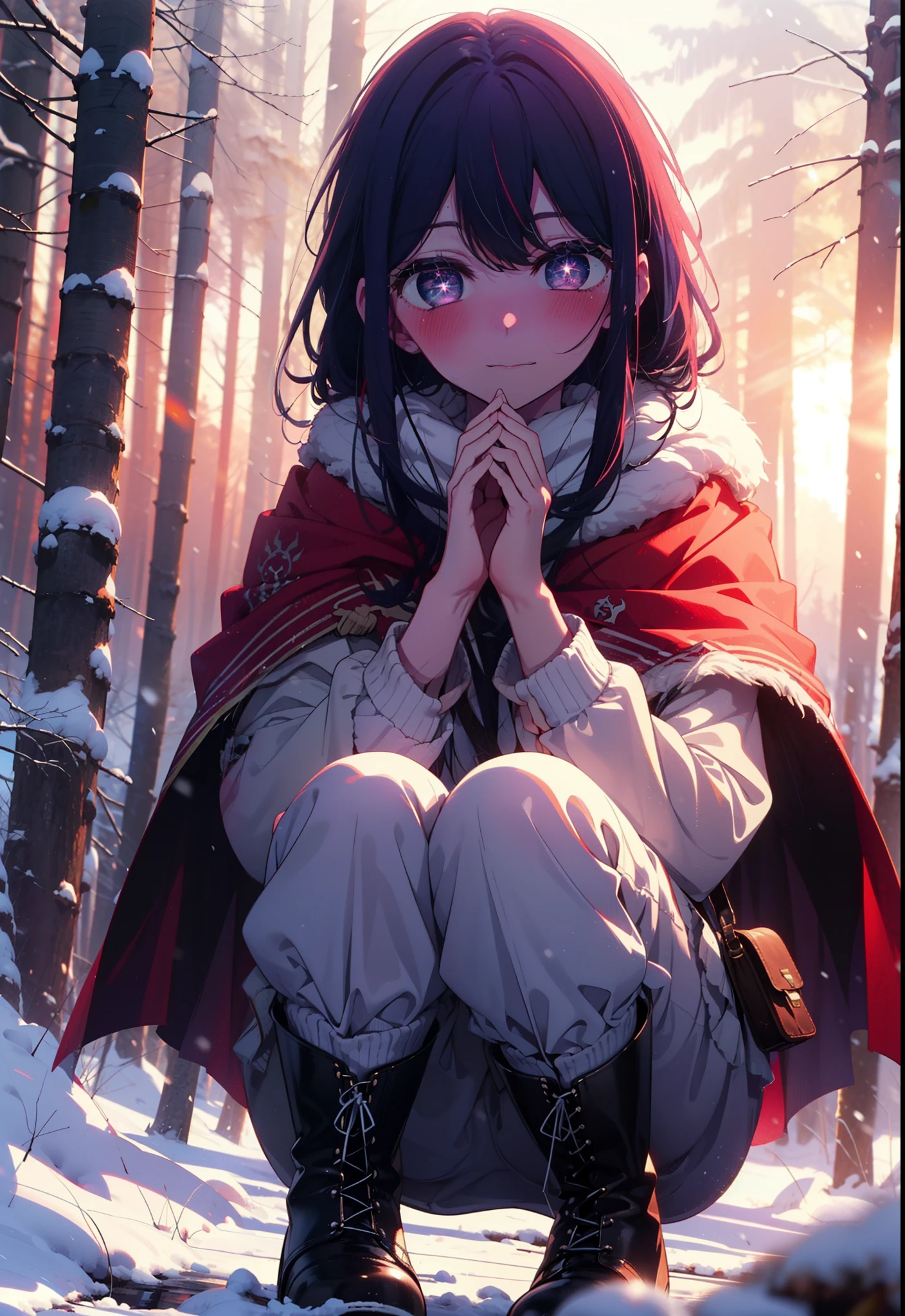 aihoshino, Ai Hoshino, Long Hair, bangs, (Purple eyes:1.1), Purple Hair, (Symbol-shaped pupil:1.5), smile,,smile,blush,white breath,
Open your mouth,snow,Ground bonfire, Outdoor, boots, snowing, From the side, wood, suitcase, Cape, Blurred, , forest, White handbag, nature, Squat, Mouth closed, Cape, winter, Written boundary depth, Black shoes, red Cape break looking at viewer, Upper Body, whole body, break Outdoor, forest, nature, break (masterpiece:1.2), Highest quality, High resolution, unity 8k wallpaper, (shape:0.8), (Beautiful and beautiful eyes:1.6), Highly detailed face, Perfect lighting, Highly detailed CG, (Perfect hands, Perfect Anatomy),