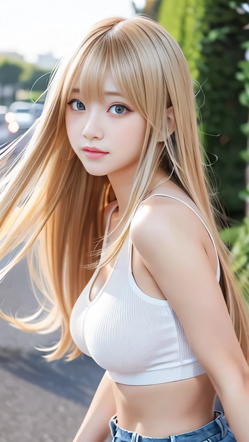 Sexy big 、Sexy cute looks and cute  beautiful girl, Beautiful and sexy face、A strong wind blows my hair in front of my face、Beautiful blonde with long straight hair hiding her cute and sexy eyes behind long bangs