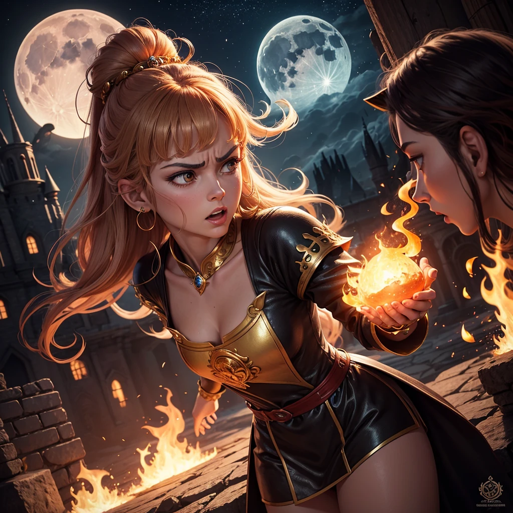 Fire, princess, kingdom, moon, 3d watermark, beautiful, angry