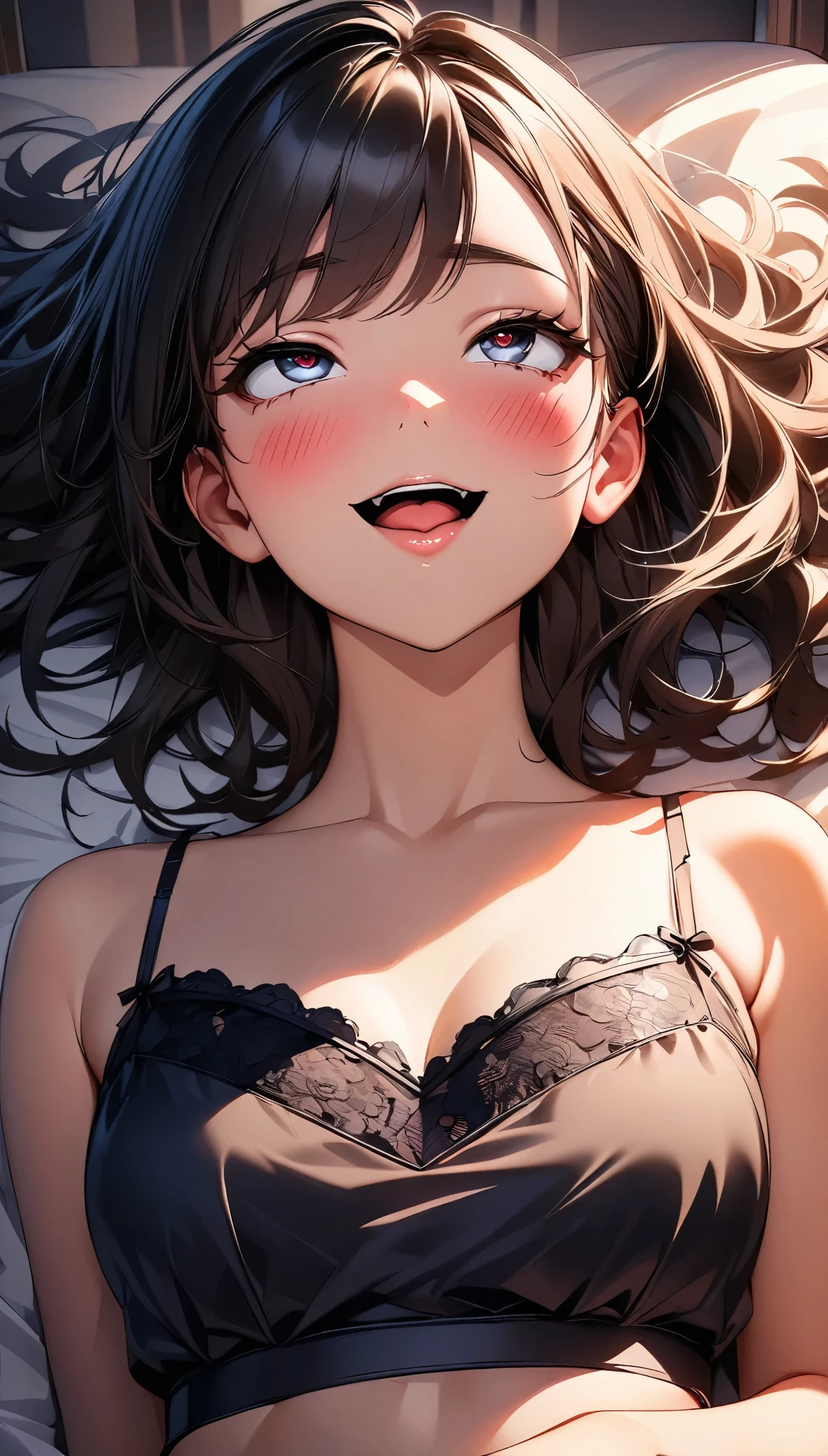 front view,face focus,(look up),Lie on your back in bed,An open-front shirt,Black and pink bra,Hands behind head,open mouth,tongue out,(1girl,Beautiful  girl),lick,front face,from front,front view,looking at viewer, looking ahead,Black Hair,Short Twin Tails,Gray Eyes,Drooping eyes,slit pupils,narrow eyes.Beautiful and detailed anime art,Mischievous smile,Dimly lit room,Simple Background,Gray background,Low lighting