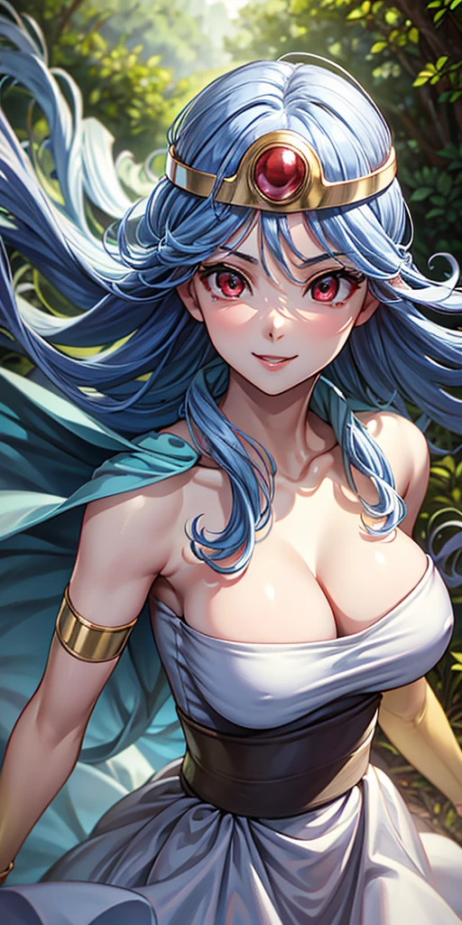 masterpiece, Highest quality, 4K, 8k, Ticker, whole body,whole bodyフォーカス, close, One girl, Blue Hair, White Dress, Red eyes, Circlet, Cleavage, smile, Happy, depth, depth of field, Outdoor, nature, petal, Wind, beautiful, High resolution, Perfect lighting, Detailed face, Detailed body, masterpiece, Highest quality, Intricate details, 8k uHigh resolution, Perfect Face, Perfect Eyes