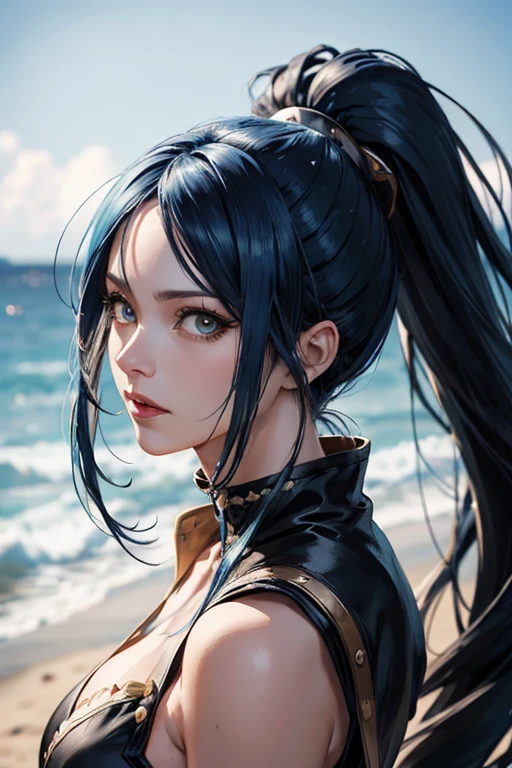 (full-length portrait),(pirate costume),a close up of a woman with a very long hair,(high ponytail), (blue color hair) ,near the ocean, detailed digital anime art, photorealistic anime girl render, extremely detailed artgerm, ig model artgerm, realistic anime 3 d style, realistic anime artstyle, artgerm. high detail, anime style 4 k, nico robin