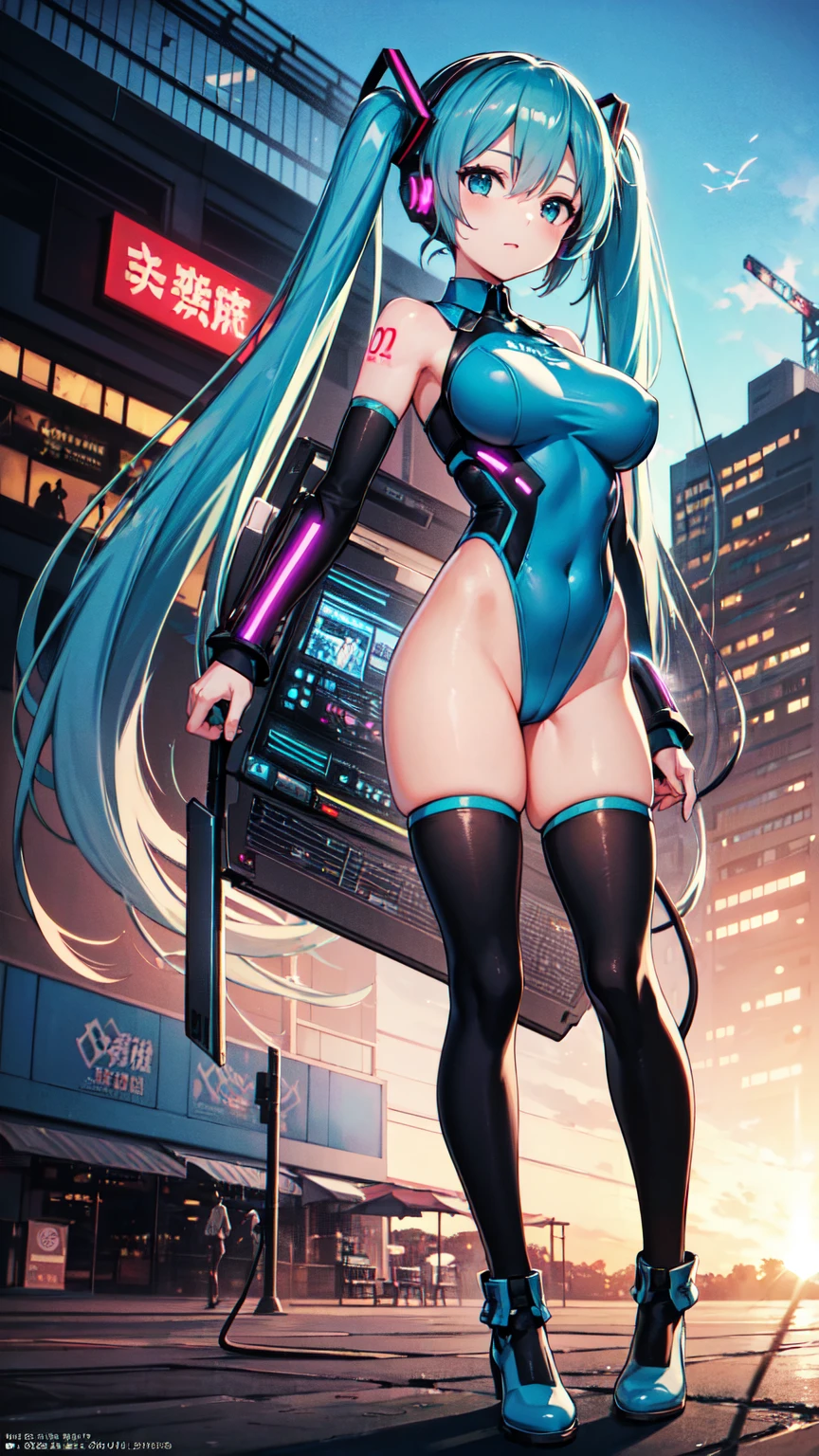 (Official Art、Highest quality、unity 8k wallpaper、32K、 masterpiece、Very detailed、High resolution,Perfect Anatomy), Hatsune Miku VOCALOID、Big Breasts、cyber punk、leotard、Pilot Suit、black tights、Beautiful hand with five fingers、Beautiful anime scene、Beautiful anime scenery、