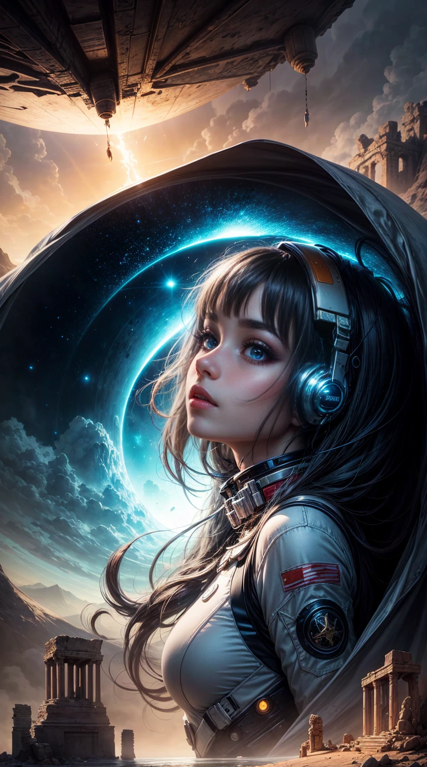 Otherworldly landscape, bathing in soft, ethereal light of many moons, where a beautiful girl close-up in a futuristic spacesuit looks up in surprise, surrounded by floating islands and ancient, Mysterious ruins.