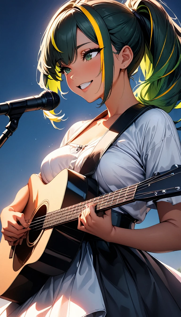 (highest quality:1.2, Very detailed, up to date, Vibrant, Ultra-high resolution, High Contrast, masterpiece:1.2, highest quality, Best aesthetics), Portraiture、solo, girl、(slim:1), (25-years-old), (singing:1), (playing guitar:1), smile, acoustic guitar, sing into a microphone stand, corset dress, mike stand in front of her, outdoor concert stage, beautiful nature, blue sky, Bright colors、Beautiful fine details、Beautiful lip detail、long hair、ponytail, white and yellow green ((streaked hair:1.6)), highlights hair: 1.5, (medium breast:1) , (tan skin:0.9), ((cowboy shot:1))