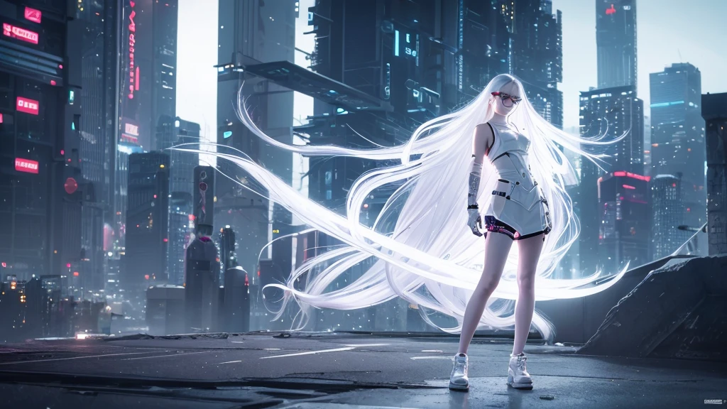 Create a cyberpunk fantasy full body image of a young Asian woman android with big eyes and glasses, white long hair, a white body, clear plastic skin, visible gears, random pose, human limbs, standing high resolution. Intricate details.