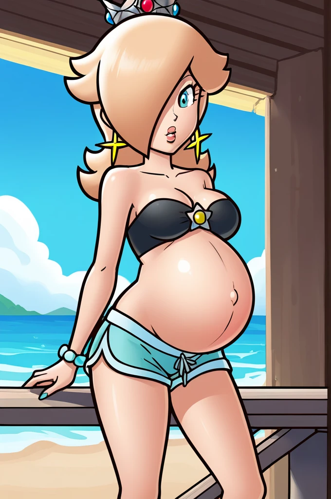 score_9, score_8_up, 1girl, solo, rosalina, style parody, thick outlines, black bikini, shorts, pregnant belly, sleeveless, strapless, cleavage, indoors, beach, 