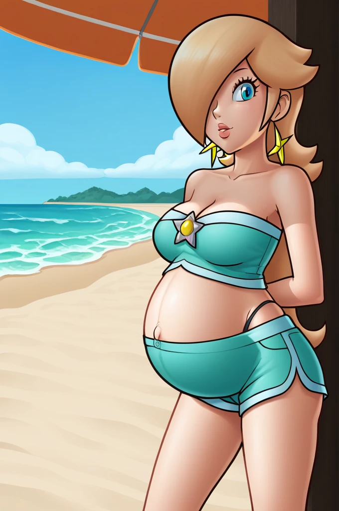 score_9, score_8_up, 1girl, solo, rosalina, style parody, thick outlines, black bikini, shorts, pregnant belly, sleeveless, strapless, cleavage, indoors, beach, 