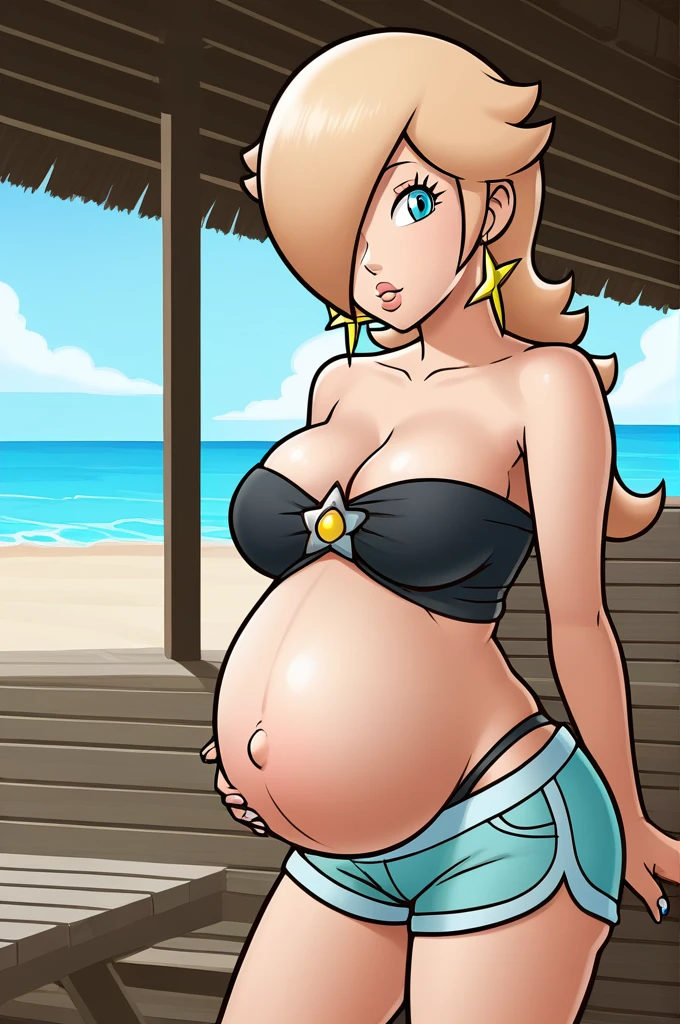score_9, score_8_up, 1girl, solo, rosalina, style parody, thick outlines, black bikini, shorts, pregnant belly, sleeveless, strapless, cleavage, indoors, beach,