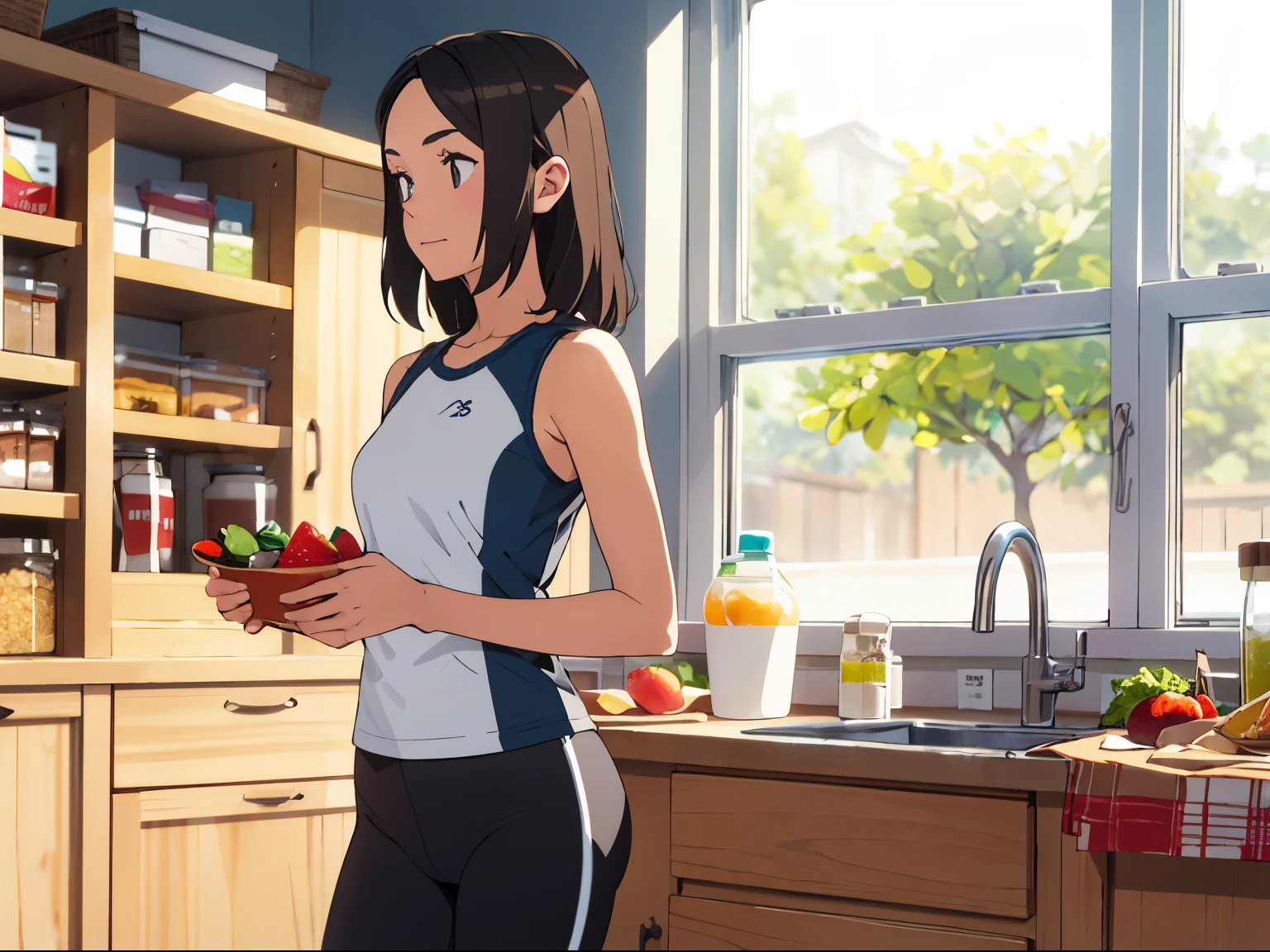 Health-conscious teenage girl wearing exercise clothes With a healthy breakfast menu in a minimal style pantry.