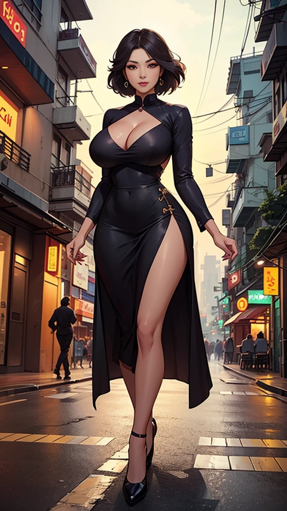 Vietnamese woman, Hot girl, flirty, 28 yrs, big breasts, full body, illustration, Saigon city, Vietnam background, dynamic lighting,