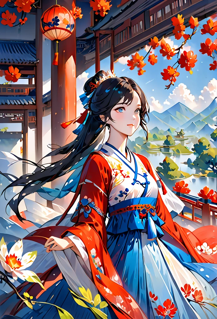 Anime girl with oriental hair and red and blue dress, Palace , A girl in Hanfu, China Princess, Guviz, Guviz-style artwork, A beautiful artwork illustration, Chinese style, Chinese watercolor style, trending on artstration, Beautiful character painting, ((a beautiful fantasy empress)), Guweiz in Pixiv ArtStation