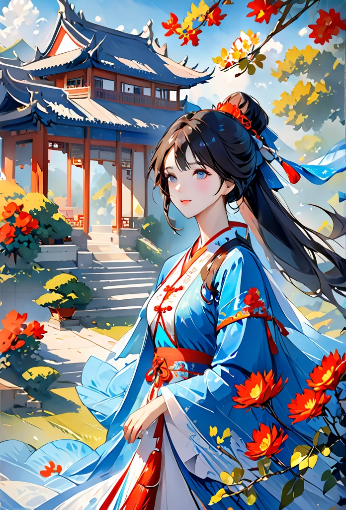 Anime girl with oriental hair and red and blue dress, Palace , A girl in Hanfu, China Princess, Guviz, Guviz-style artwork, A beautiful artwork illustration, Chinese style, Chinese watercolor style, trending on artstration, Beautiful character painting, ((a beautiful fantasy empress)), Guweiz in Pixiv ArtStation