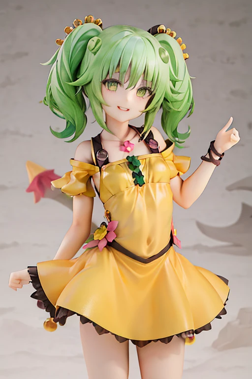 ((masterpiece,best quality)),traptrixsera, twintails,1girl,cute,solo,flat chest,yellow hair,smile,small breast,looking at viewer,green hair,green eyes,yellow skirt,mini skirt