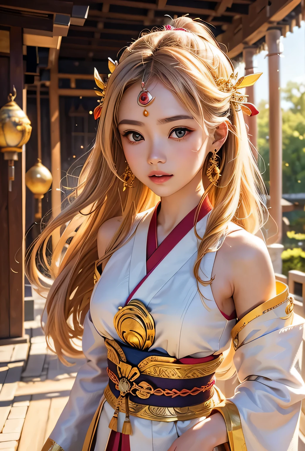 "Child of the Sun, Goddess of Love": Within a sacred sanctuary bathed in sunlight, depict the figure of a sun goddess who governs love, facing forward and emanating divine radiance. She is a , around 3 years old. Zoom in to focus on her face, with a gleaming orb of light in her hands, representing the life-giving power of the sun. Her hair is shimmering gold, and she is wearing a traditional miko outfit as seen in Japanese shrines. The background should be predominantly gold, evoking a sense of divine splendor, with numerous heart-themed objects expressing the beauty of love. The setting is in heaven, enveloped in soft, bright light, where one can find tranquility and peace of mind, free from any trace of anxiety.Straight-on.