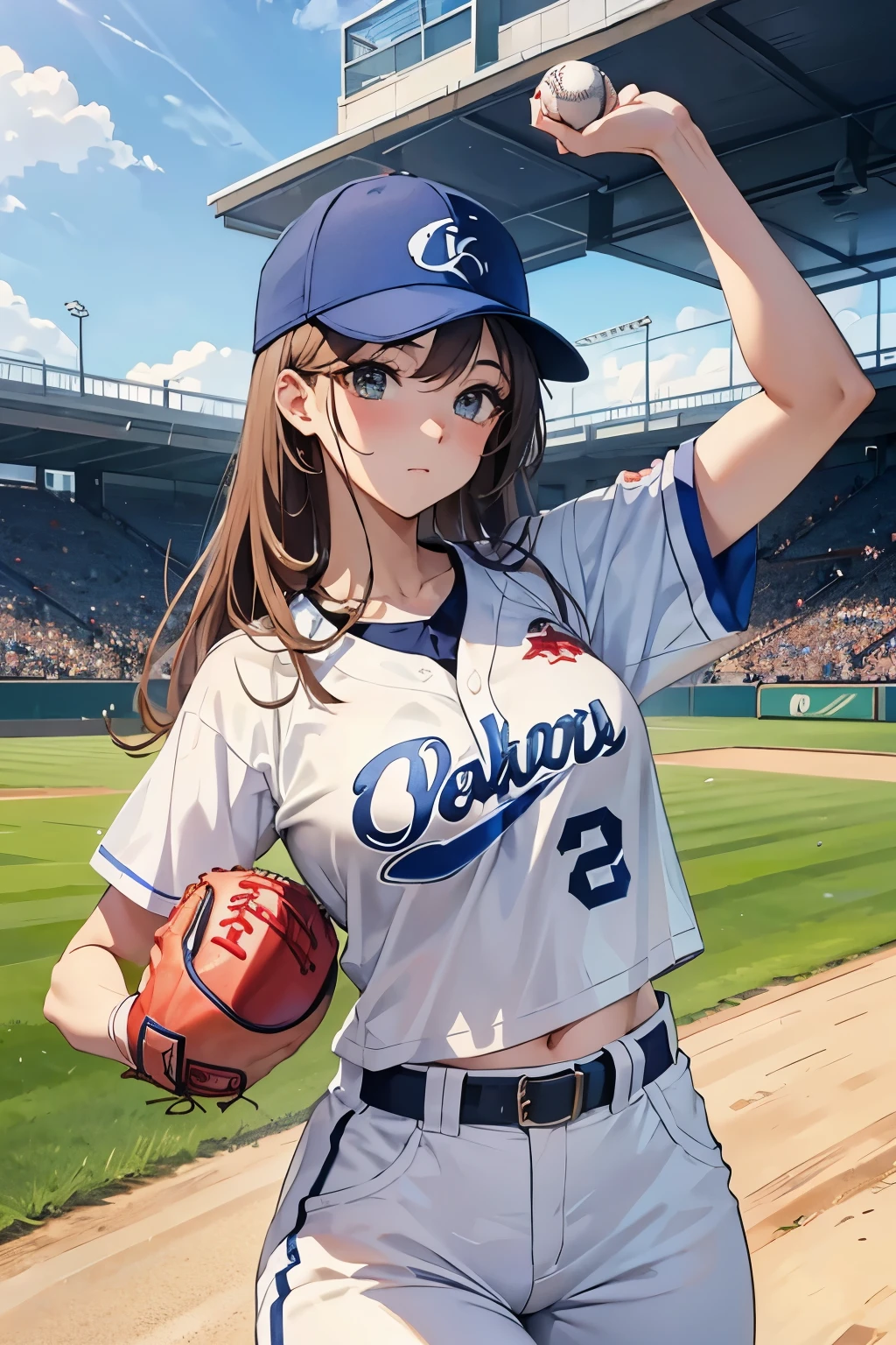 Baseball Beauty、Sexy、court、throw a ball、pitcher、Large breasts、Has arm muscles、Innocent expression、cute