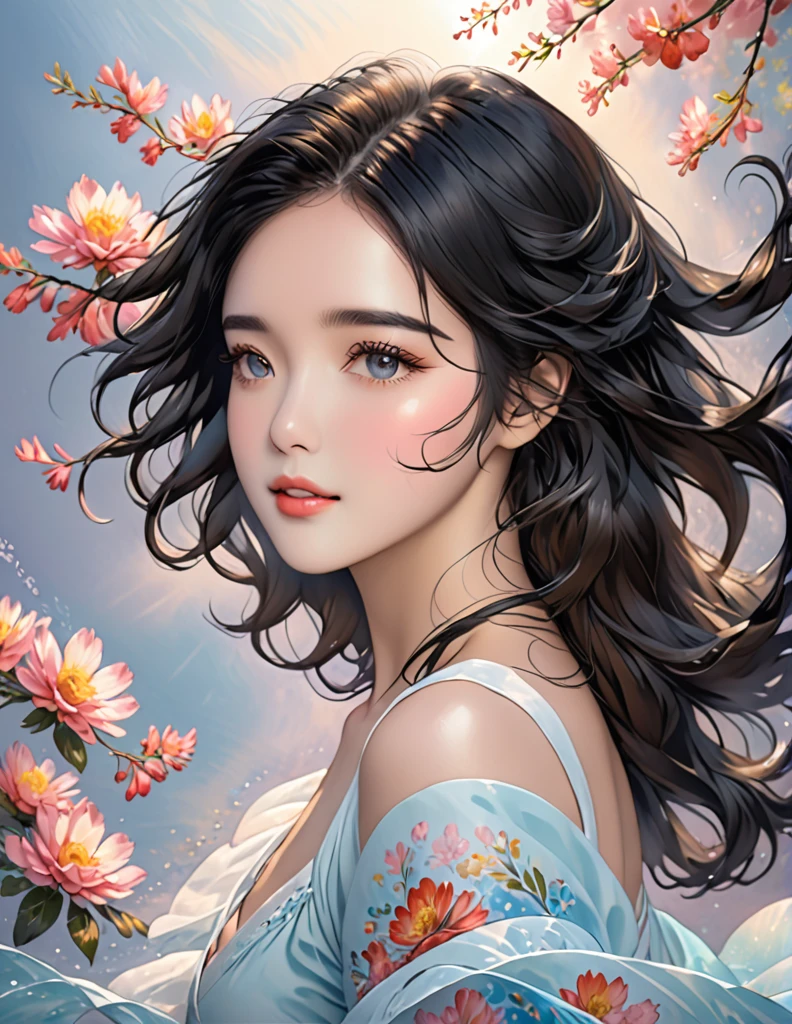 her black hair, luxury, wavy, falling gracefully on her shoulders,flowed gently over her face, Give it a touch of charm.