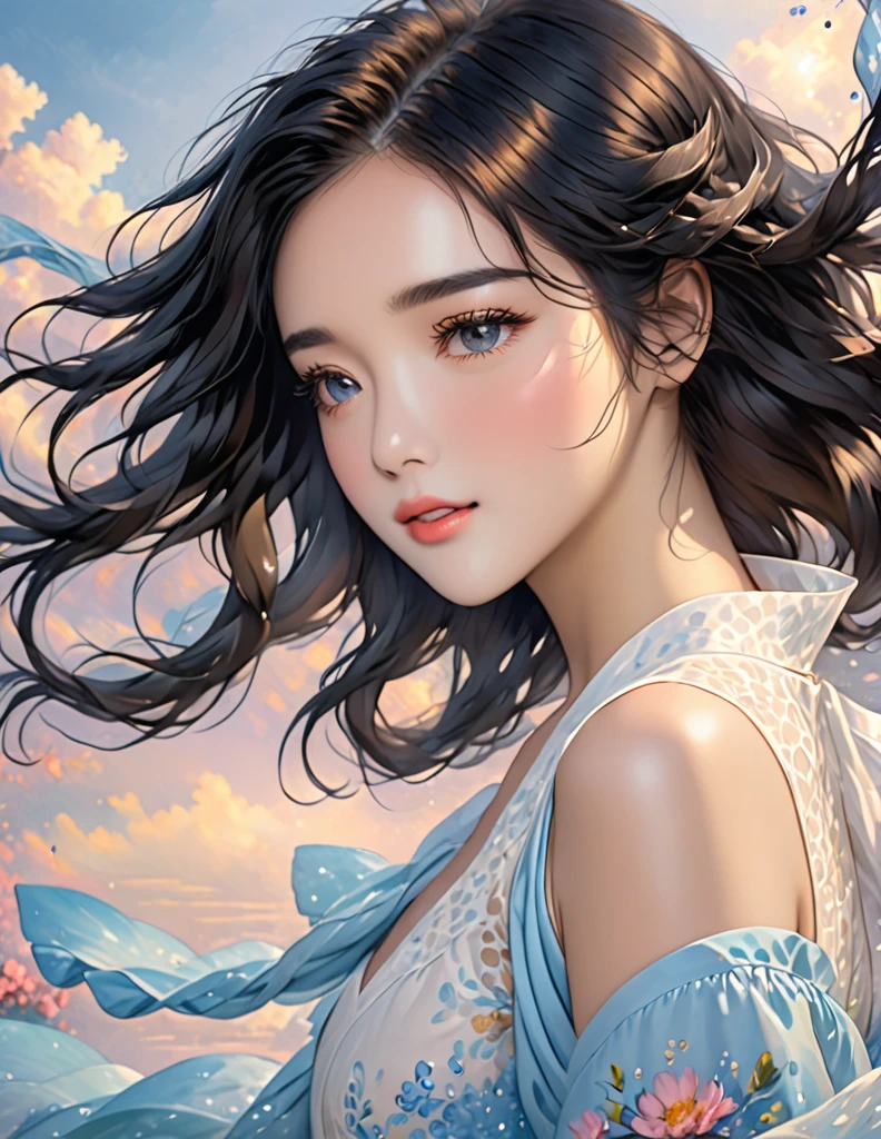 her black hair, luxury, wavy, falling gracefully on her shoulders，flowed gently over her face, Give it a touch of charm.