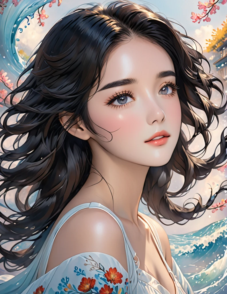 her black hair, luxury, wavy, falling gracefully on her shoulders,flowed gently over her face, Give it a touch of charm.
