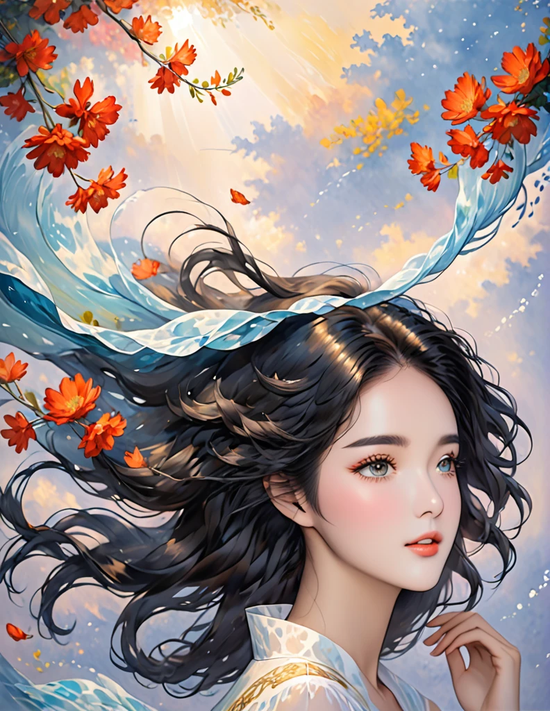 her black hair, luxury, wavy, falling gracefully on her shoulders,flowed gently over her face, Give it a touch of charm.