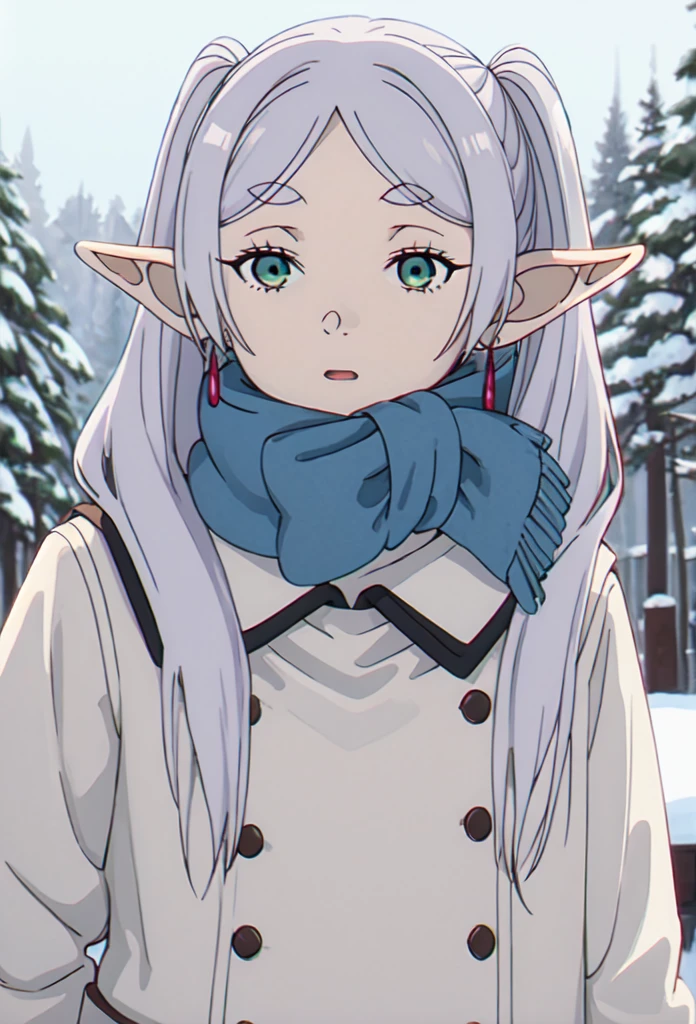 best quality, masterpiece, highres, solo, (frieren_sousounofrieren:1.10), 1girl, blue scarf, elf, jewelry, upper body, closed mouth, outdoors, white coat, winter clothes, anime_style, 24 