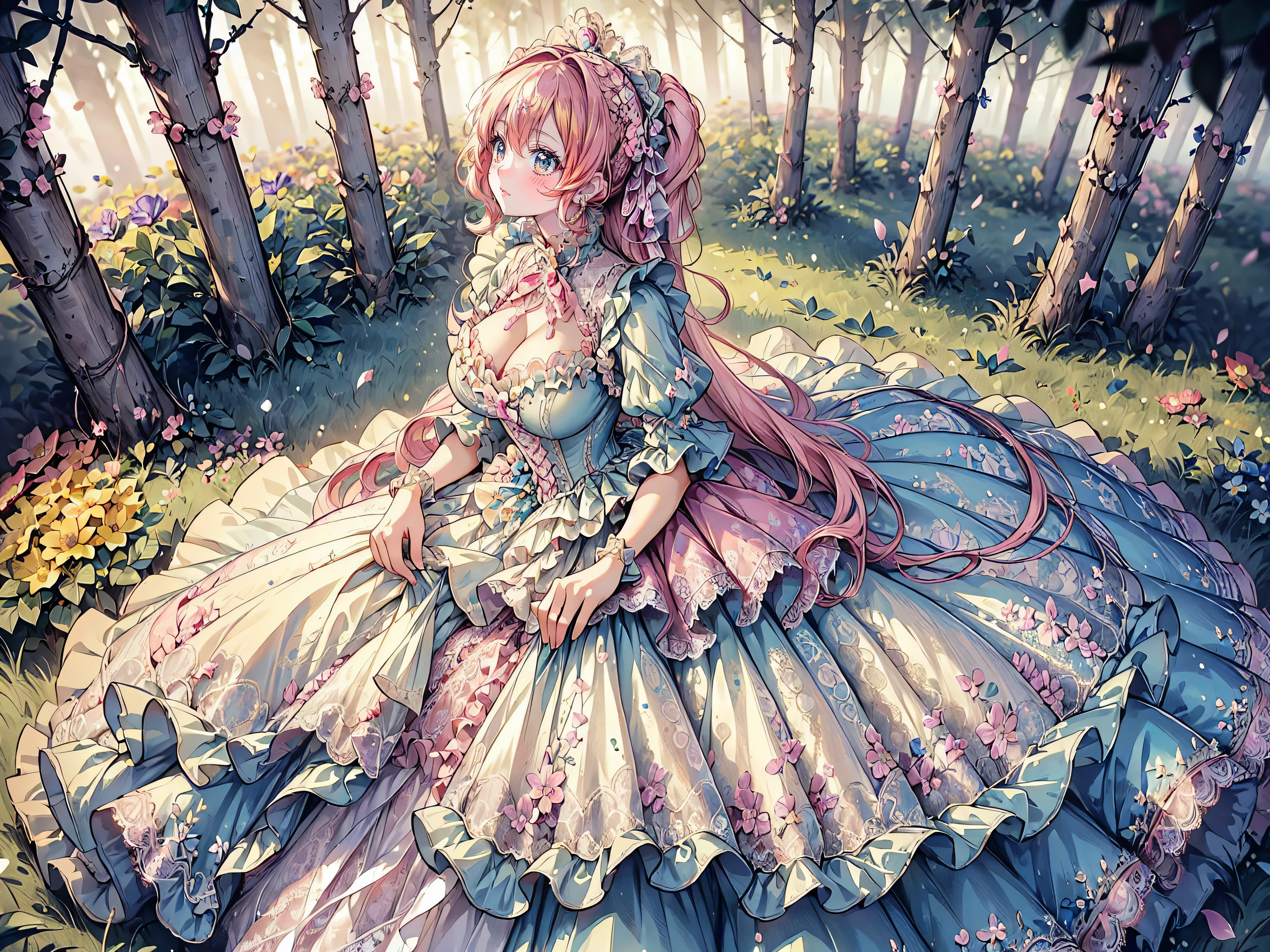 ((Superbly detailed drawing, ultra detailed, exquisite quality, absolutely resolution)), (((young face solo princess))), (((Unsurpassed gorgeous rococo victorian gown with voluminous huge hoopskirt and long hems, princess style skirt:1.5))), ((transparency gown, fluffy and full of pleats skirt:1.3)), (Super detailed and intricate exquisite design gown:1.5), ((overwhelming amount many ruffles with ribbons with intricate lace with Super detailed and intricate embroidery gown:1.9)), ((huge breasts, breasts cleavage)), (ponytail, fluffy long Expressive, hair pink hair), super voluminous long hair, hair ornament tiara, embarrassed, (((curtsey:2))), (blurry background, depth of field:1.5), super detailed skin, super delicate and beautiful face, (eyes blue eyes), (backlighting, particle effect, caustics), (((sharp focus))), ((lot's of colorful flowers, in fog forest:1.5)), (fisheye lens:1.2), (very wide shot, magnificent panorama view, dynamic angle:1.5), ((full body)), (looking viewer, looking up, from above, from front:1.5), 