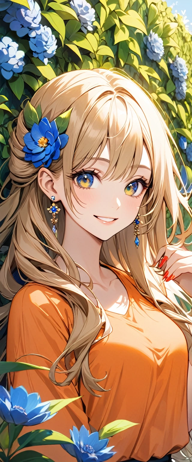 woman with orange shirt and Blue flower in hair in front of green flower wall, 1girl, solo, flower, jewelry, hair ornament, earrings, hair flower, red nails, smile, long hair