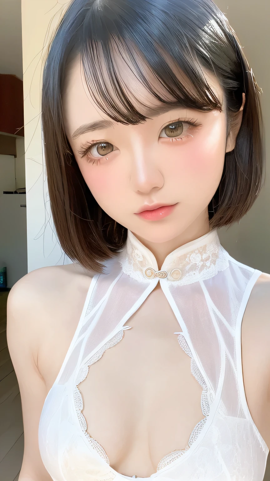 See through,Beautiful and fair、Glowing Skin, 3 Up, nice, bright, Refreshing and gentle look, Perfect beautiful face、Beautiful shiny bangs, Very beautiful 17 year old girl, eyeliner, Very perfect eyes,Small breasts,The original skin is visible through the grooveuscular body,White transparent lace underwear、Transparent cheongsam