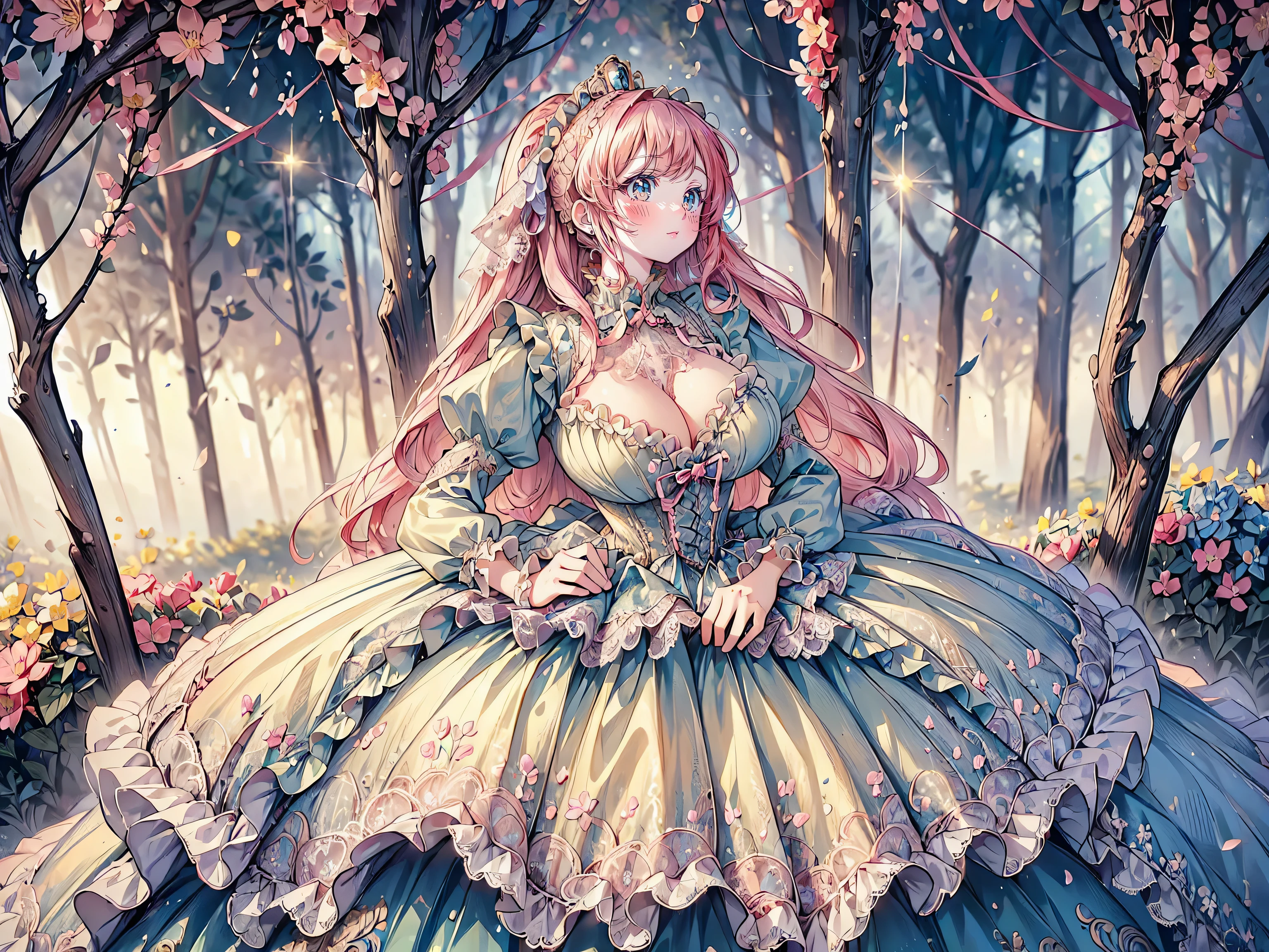 ((Superbly detailed drawing, ultra detailed, exquisite quality, absolutely resolution)), (((young face solo princess))), (((Unsurpassed gorgeous rococo victorian gown with voluminous huge hoopskirt and long hems, princess style skirt:1.5))), ((transparency gown, fluffy and full of pleats skirt:1.3)), (Super detailed and intricate exquisite design gown:1.5), ((overwhelming amount many ruffles with ribbons with intricate lace with Super detailed and intricate embroidery gown:1.9)), ((huge breasts, breasts cleavage)), (ponytail, fluffy long Expressive, hair pink hair), super voluminous long hair, hair ornament tiara, embarrassed, (((curtsey:2))), (blurry background, depth of field:1.5), super detailed skin, super delicate and beautiful face, (eyes blue eyes), (backlighting, particle effect, caustics), (((sharp focus))), ((lot's of colorful flowers, in fog forest:1.5)), (fisheye lens:1.2), (very wide shot, magnificent panorama view, dynamic angle:1.5), ((full body)), (looking viewer, looking up, from above, from front:1.5), 