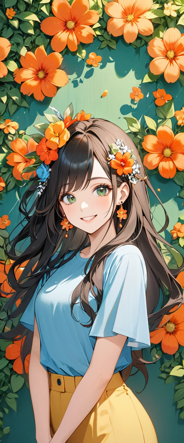 woman with Blue  shirt and orange flower in hair in front of green flower wall, 1girl, solo, flower, jewelry, hair ornament, earrings, hair flower, red nails, smile, long hair