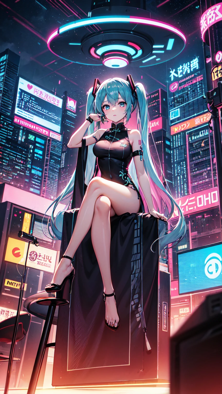 (Official Art、Highest quality、unity 8k wallpaper、32K、 masterpiece、Very detailed、High resolution,Perfect Anatomy), Hatsune Miku VOCALOID, 1 girl, Chinese_Clothes, Sitting, White and pink,サイバー漢Clothes, China dress, cyber punk city, Dynamic pose, Head ornament, hair ornaments, Long Hair, cyber punk, High-tech city, Full of machinery and futuristic elements, Futurism, technology
