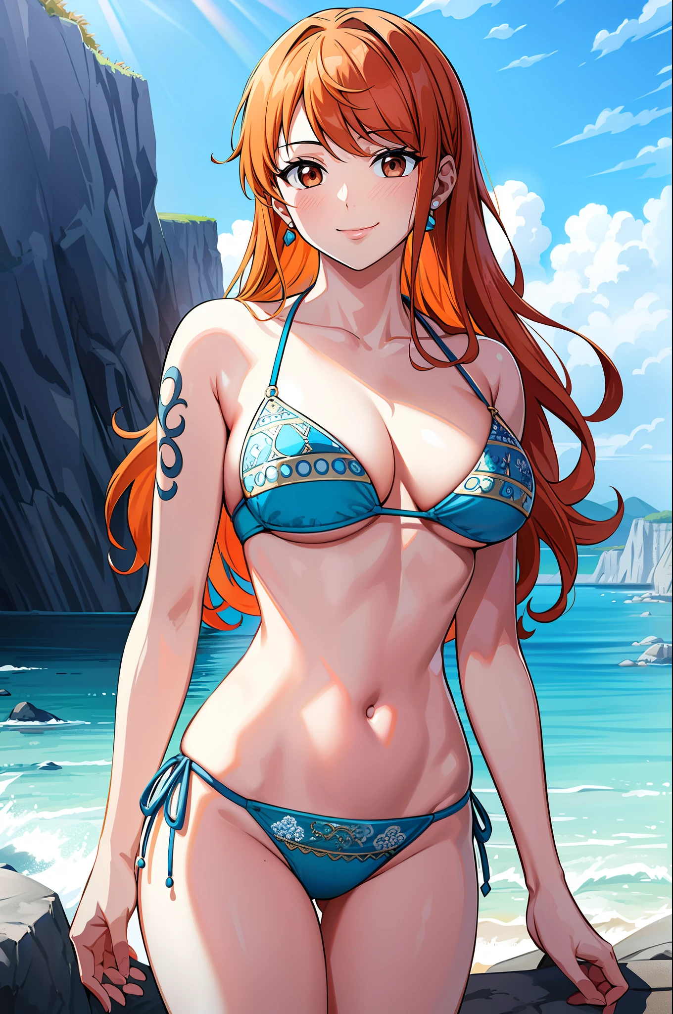 masterpiece, ((Very detailed背景, Delicate pattern, Intricate details)), (Very detailed, The finer details), Highest quality, Beautiful lighting, ((Medium chest, Slim girl)), Nami Final, ((bikini, Swimwear)), Simple shirt, One girl, Orange Hair, alone, Long Hair, jewelry, Brown eyes, smile, Earrings, ((Blue tattoo, Left shoulder tattoo)), (Complex and detailed background, Barren Land, rock, Ocean, Outside, natural environment), (Cowboy Shot),
