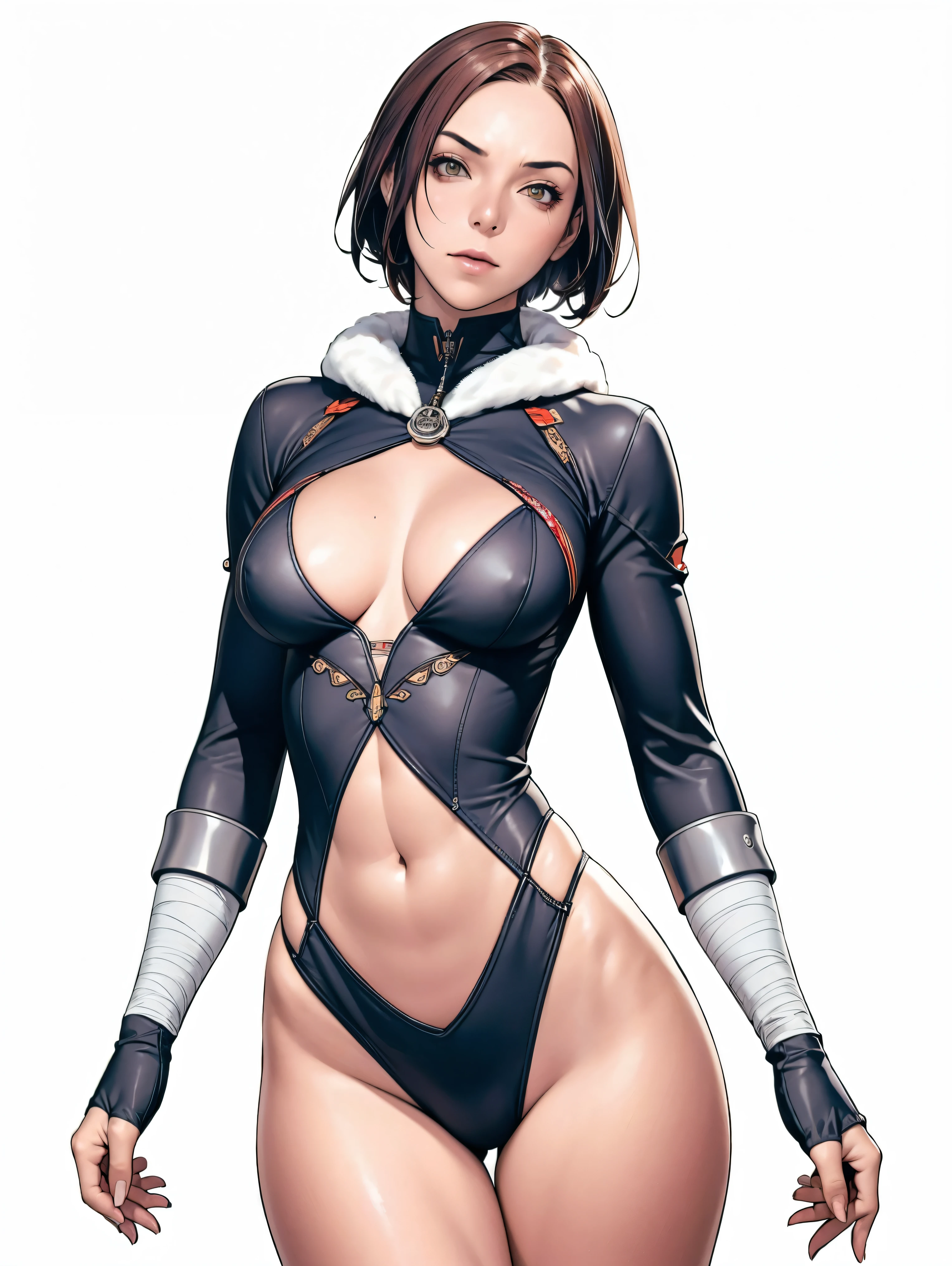 (((Annie Lennox))), (((colorful suit))), (scars), (((bandaged arms))), (((colorful clothes))) (( hood)), (((best quality: 1.4))), (Unbeatable masterpiece), (hyper HD),(CG 8k hyper-realistic), brave face, ((( big))), (((hyper feminine))), sexly g, black tattoo,（ultra short red hair with white highlights)), ((( sculptural body ))), (((1 Kizi))), Kizi tatuada de 25 anos com pect body,,Beautiful and well-groomed face,muscular body:1.2,solid color detailed jacket, (Head to thigh photos)， Complex equipment, ，Tight clothes，With white stars and off-white stripes,,,,,Armor Metal Electronic Parts, Poison tattoos ) INFO, Kizi, (((standing alone))), , 24歳, sexy, pose detitude, work of art, dancing, ((slight smile)), post-apocalypse, (((manga style))), bounty hunter, the way you want, perfect body, roupa moderna, advanced technology, white, yellow accent, black, red accent, fur collar jacket, sleeves with vertical striped pattern, background city, (( cowboy shot )). intricate visual, narrow waist, (((wide hips))), wide hips, fit thighs, (((thigh gap))), Thigh gap, background shows a futuristic airplane