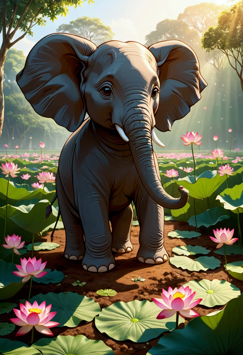 A little boy create an elephant with Lotus flowers in ground