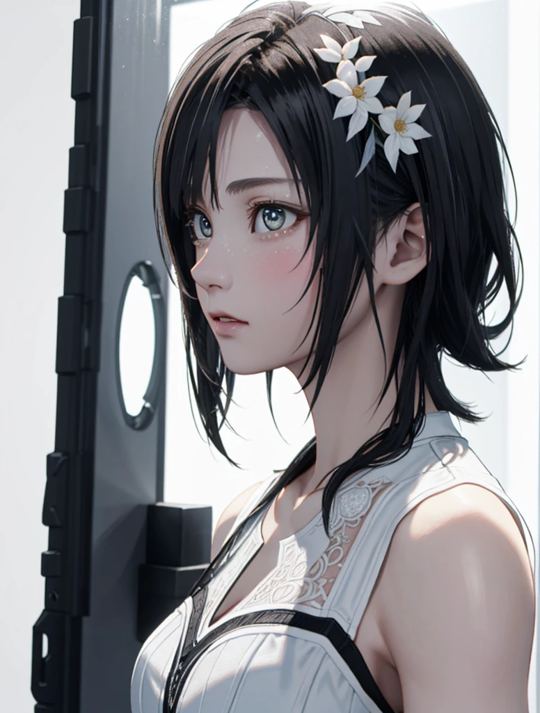Highest Quality,perfect masterpiece,Perfect Artwork,Formula works,8K,, (Upper body portrait:1.3),((Seen from the side:1.5)),close-up lenses,Delicate face,, 17 years old,white-haired girl,(hakuhatsu:1.5),Short and medium hair,((White transparent eyes:1.5)),(White Dress:1.2),(Transparent clothing:1.2),(Black background:1.3),, Pearl Illusion,Cyberpunk,fashion trend,3S Material,hight resolution,Detailed expression,C4D,。.3D,Octane Rendering,Ray tracing,intricate-detail,Animated Lighting,Okrenderer,