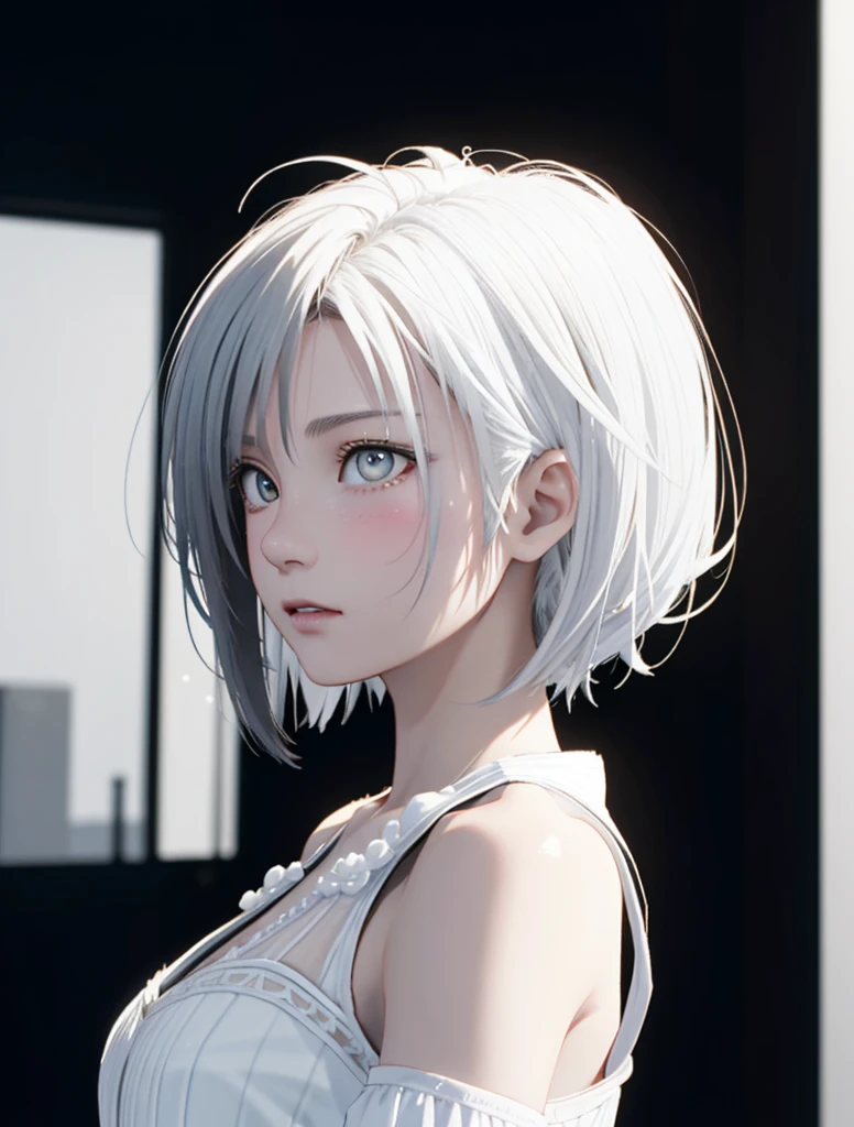 Highest Quality,perfect masterpiece,Perfect Artwork,Formula works,8K,, (Upper body portrait:1.3),((Seen from the side:1.5)),close-up lenses,Delicate face,, 17 years old,white-haired girl,(hakuhatsu:1.5),Short and medium hair,((White transparent eyes:1.5)),(White Dress:1.2),(Transparent clothing:1.2),(Black background:1.3),, Pearl Illusion,Cyberpunk,fashion trend,3S Material,hight resolution,Detailed expression,C4D,。.3D,Octane Rendering,Ray tracing,intricate-detail,Animated Lighting,Okrenderer,
