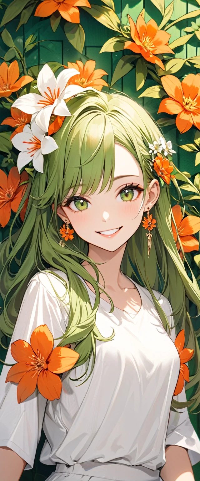 woman with White shirt and orange flower in hair in front of green flower wall, 1girl, solo, flower, jewelry, hair ornament, earrings, hair flower, red nails, smile, long hair