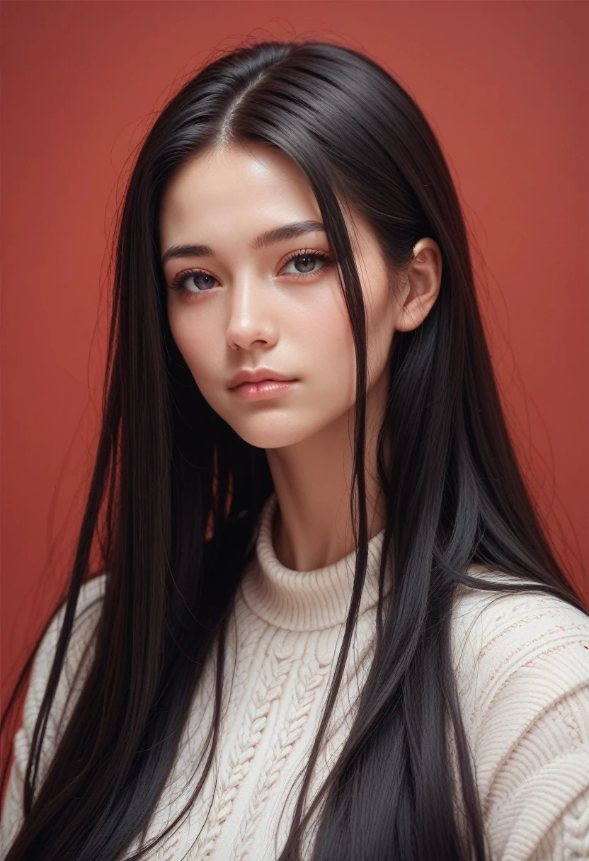 ,score_9,score_8_up,score_7_up, 20 years old, 8k, hd, beautiful girl, black hair, very long hair, straight hair, closed mouth,
1girl, detailed face, beautiful woman's face, sweater, red background, looking at viewer,