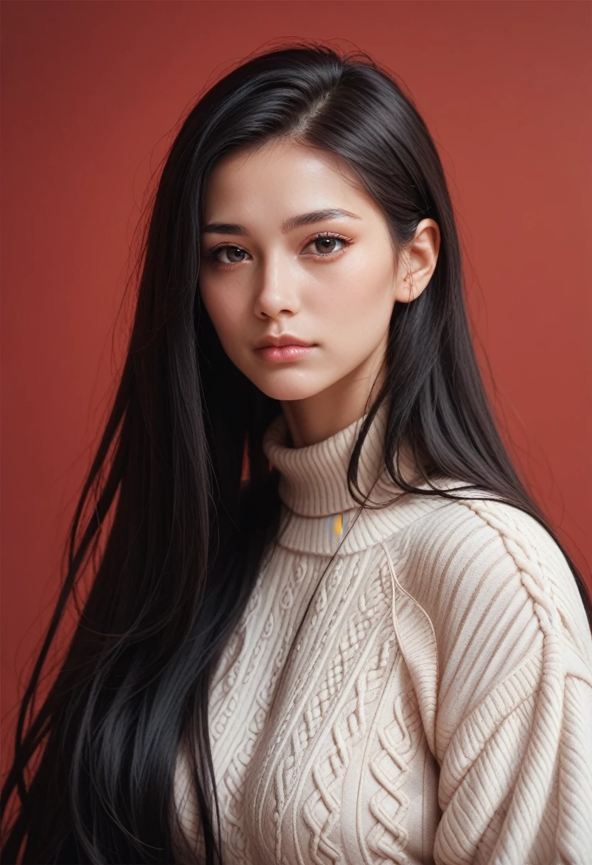 ,score_9,score_8_up,score_7_up, 20 years old, 8k, hd, beautiful girl, black hair, very long hair, straight hair, closed mouth,
1girl, detailed face, beautiful woman's face, sweater, red background, looking at viewer,