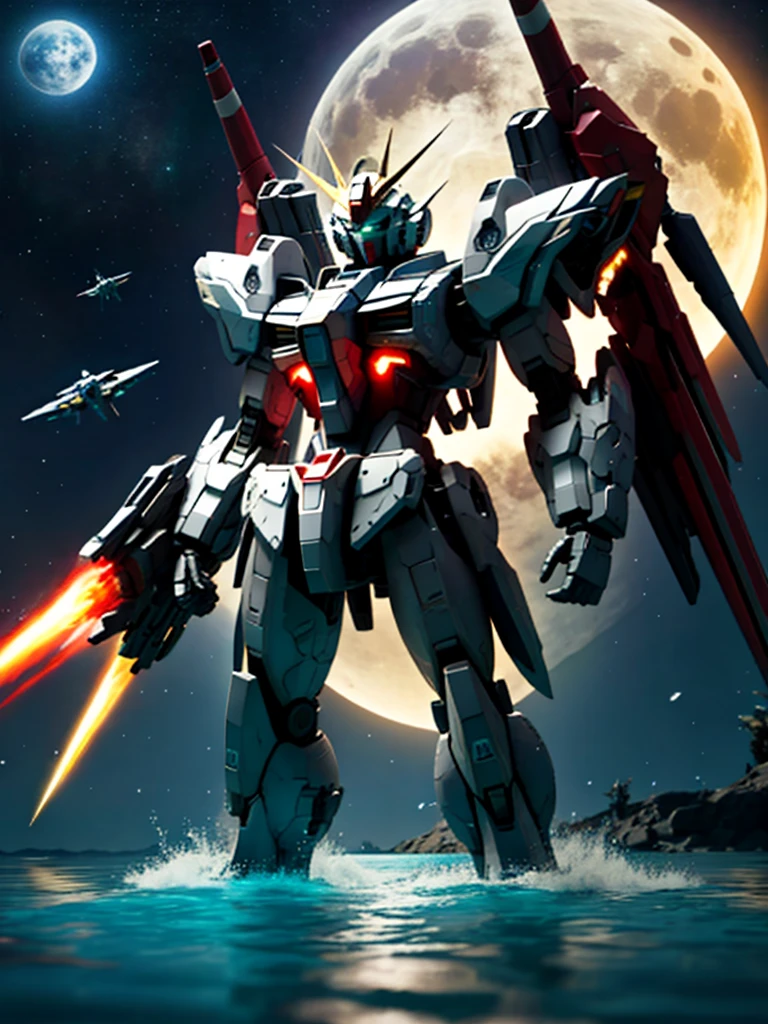 New launch century Gundam X、big moon、A fallen and destroyed space colony, lake surface、Floating on the water、standing on tiptoe、Satellite Cannon、Beautiful scenery、high resolution、Beautiful night sky、Multicolored light、Clean light、large on the back４Feathers、water surface、standing on tiptoe、carrying a large cannon on his back、超high resolution、4K、countless stars々、overlooking、I'm poised、Firing regime、Bitmobile suit around、