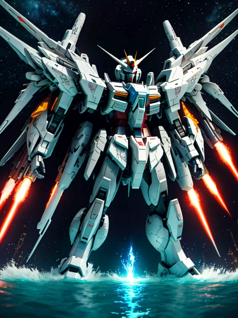 New launch century Gundam X、big moon、A fallen and destroyed space colony, lake surface、Floating on the water、standing on tiptoe、Satellite Cannon、Beautiful scenery、high resolution、Beautiful night sky、Multicolored light、Clean light、large on the back４Feathers、water surface、standing on tiptoe、carrying a large cannon on his back、超high resolution、4K、countless stars々、overlooking、I'm poised、Firing regime、Bitmobile suit around、