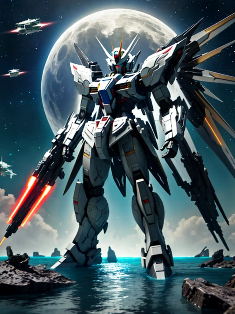 New launch century Gundam X、big moon、A fallen and destroyed space colony, lake surface、Floating on the water、standing on tiptoe、Satellite Cannon、Beautiful scenery、high resolution、Beautiful night sky、Multicolored light、Clean light、large on the back４Feathers、water surface、standing on tiptoe、carrying a large cannon on his back、超high resolution、4K、countless stars々、overlooking、I'm poised、Firing regime、Bitmobile suit around、