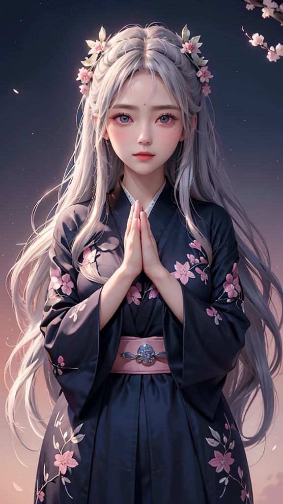 ((Praying Hands)),positive,Front Configuration,Upper Body,((Looking at the audience)),Gorgeous navy blue dress,Intricate patterns that complement the kimono,Long silver hair,Beautiful and delicate face,blush, Sky blue eyes,Big eyes,Extremely fine resolution,Highest quality,Pink Moon,mysterious,Cherry Blossoms at Night,front