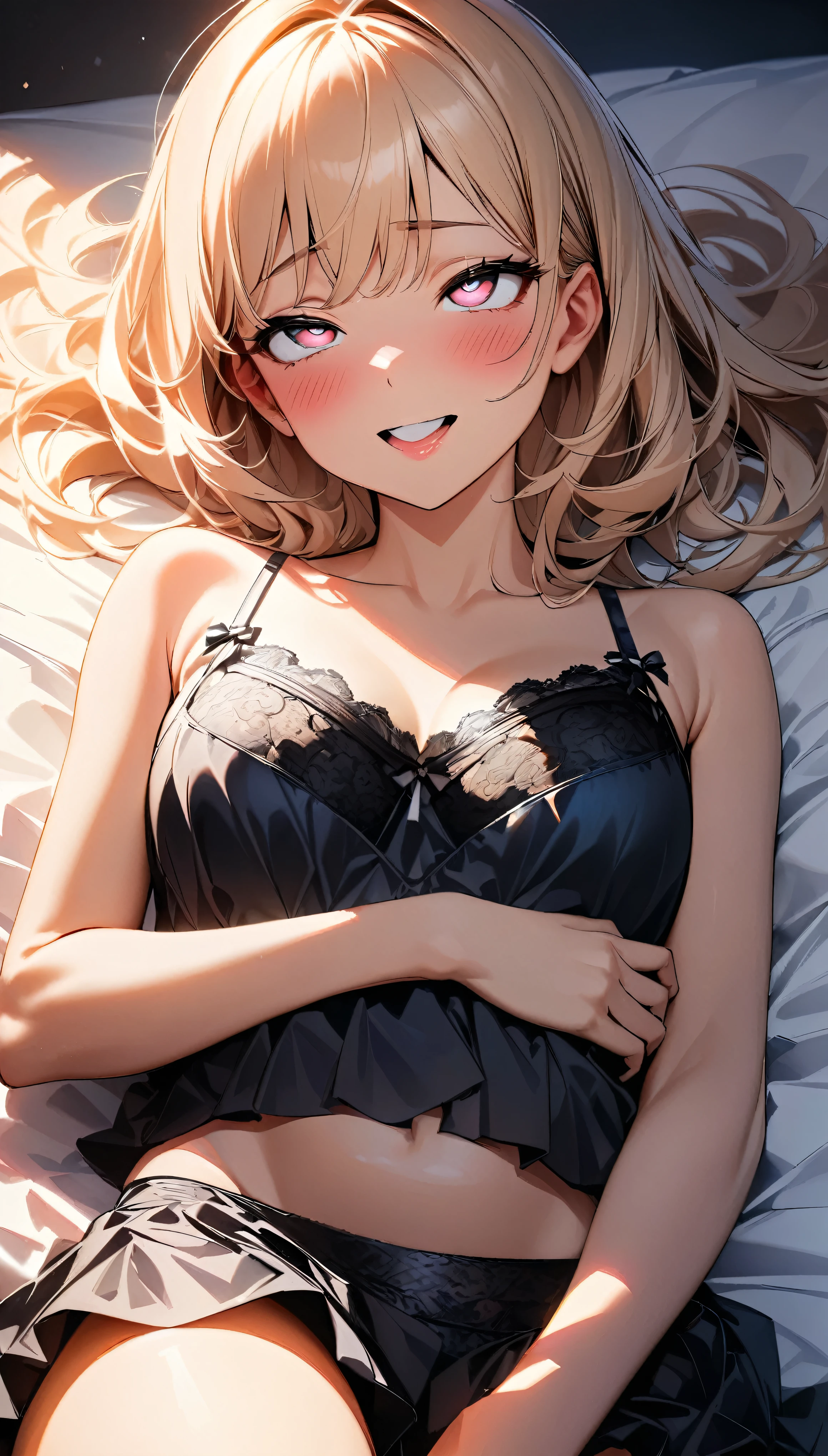 (Highest quality:1.2, Very detailed, up to date, Vibrant, 超High resolution, High Contrast, masterpiece:1.2, Highest quality, Best aesthetics), (((1 girl))), A carefully painted bedroom, lingerie, Professionalism, Bright colors, Soft lighting, Expressive eyes, Detailed lips, Long eyelashes, Pleasant atmosphere, incite inferiority, Obscene eyes, Lewd smile, Open your mouth, blush, Ahegao:1.4, ((camisole, 黒シースルーlingerie, Lying on your back in bed:1.2)), Positive Energy, Calm background, A nurturing presence, High resolution, Correct perspective, (Soft focus throughout).